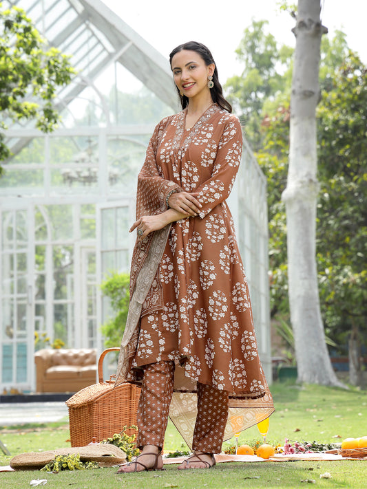 Stylum Women's Brown Floral Buta Printed Rayon A-Line Kurta Pant Dupatta Set (KPDMOUSESOMER)