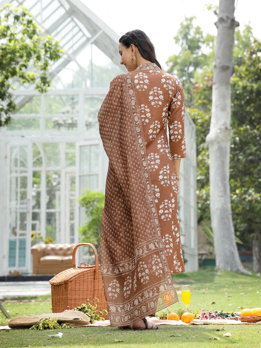 Stylum Women's Brown Floral Buta Printed Rayon A-Line Kurta Pant Dupatta Set (KPDMOUSESOMER)
