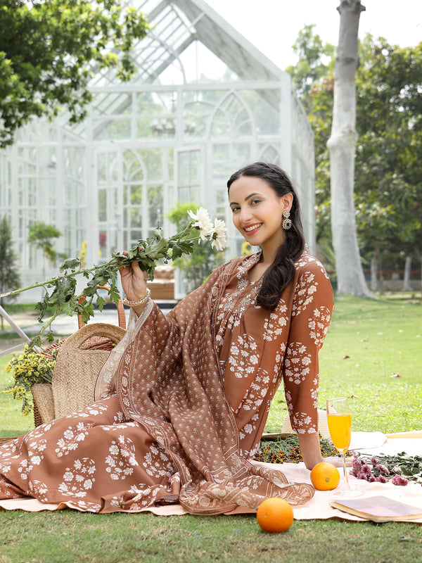 Stylum Women's Brown Floral Buta Printed Rayon A-Line Kurta Pant Dupatta Set (KPDMOUSESOMER)