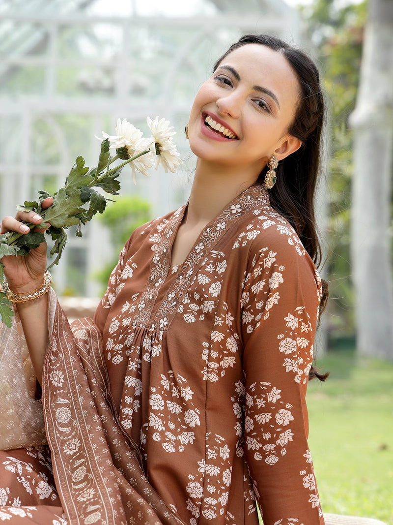 Stylum Women's Brown Floral Buta Printed Rayon A-Line Kurta Pant Dupatta Set (KPDMOUSESOMER)