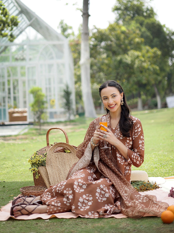 Stylum Women's Brown Floral Buta Printed Rayon A-Line Kurta Pant Dupatta Set (KPDMOUSESOMER)