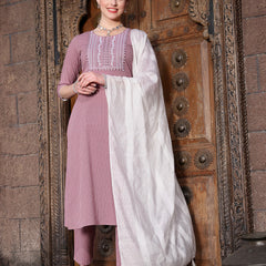 Stylum Women's Kantha Work & Embroidered Cotton Straight Kurta Pant Dupatta Set (KPDMAUVEKULLU)