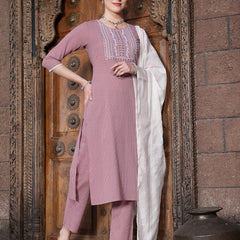 Stylum Women's Kantha Work & Embroidered Cotton Straight Kurta Pant Dupatta Set (KPDMAUVEKULLU)