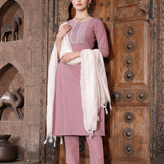 Stylum Women's Kantha Work & Embroidered Cotton Straight Kurta Pant Dupatta Set (KPDMAUVEKULLU)