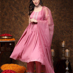 Stylum Women's Mulberry Pink Solid & Embroidered Italian Crush Anarkali Kurta Pant Dupatta Set (KPDMULBERRYOLA)
