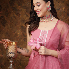 Stylum Women's Mulberry Pink Solid & Embroidered Italian Crush Anarkali Kurta Pant Dupatta Set (KPDMULBERRYOLA)