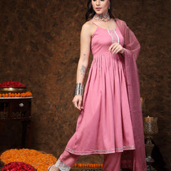 Stylum Women's Mulberry Pink Solid & Embroidered Italian Crush Anarkali Kurta Pant Dupatta Set (KPDMULBERRYOLA)