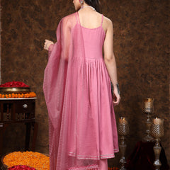 Stylum Women's Mulberry Pink Solid & Embroidered Italian Crush Anarkali Kurta Pant Dupatta Set (KPDMULBERRYOLA)