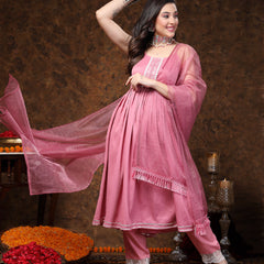 Stylum Women's Mulberry Pink Solid & Embroidered Italian Crush Anarkali Kurta Pant Dupatta Set (KPDMULBERRYOLA)