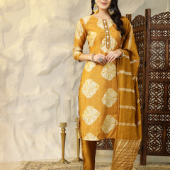Stylum Women's Shibori Printed Muslin Straight Kurta Pant Dupatta Set (KPDMUSTARDBATIK)