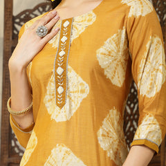 Stylum Women's Shibori Printed Muslin Straight Kurta Pant Dupatta Set (KPDMUSTARDBATIK)