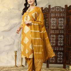 Stylum Women's Shibori Printed Muslin Straight Kurta Pant Dupatta Set (KPDMUSTARDBATIK)