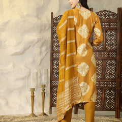 Stylum Women's Shibori Printed Muslin Straight Kurta Pant Dupatta Set (KPDMUSTARDBATIK)