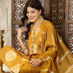 Stylum Women's Shibori Printed Muslin Straight Kurta Pant Dupatta Set (KPDMUSTARDBATIK)