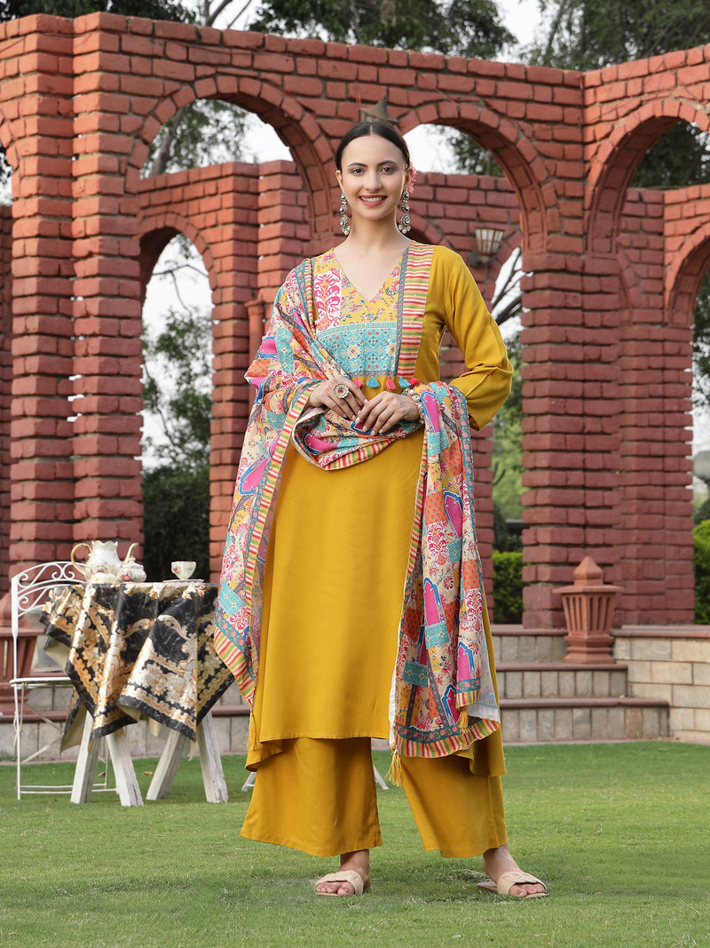 Stylum Women's Mustard Solid Cotton A-Line Kurta Palazzo Dupatta Set (KPDMUSTARDCROMA)