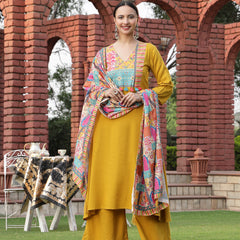 Stylum Women's Mustard Solid Cotton A-Line Kurta Palazzo Dupatta Set (KPDMUSTARDCROMA)