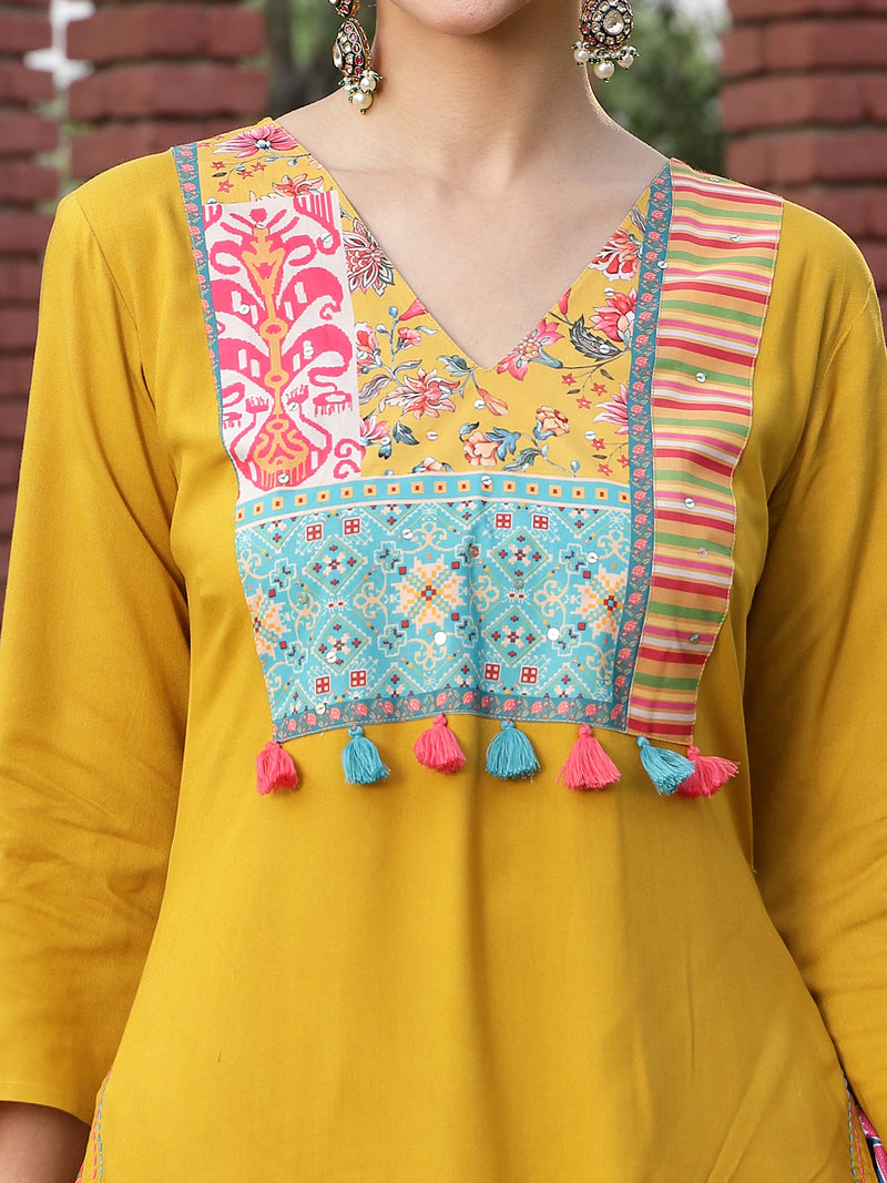 Stylum Women's Mustard Solid Cotton A-Line Kurta Palazzo Dupatta Set (KPDMUSTARDCROMA)