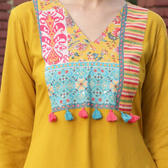 Stylum Women's Mustard Solid Cotton A-Line Kurta Palazzo Dupatta Set (KPDMUSTARDCROMA)