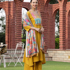 Stylum Women's Mustard Solid Cotton A-Line Kurta Palazzo Dupatta Set (KPDMUSTARDCROMA)