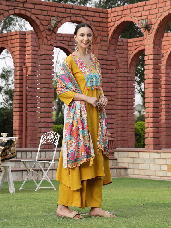 Stylum Women's Mustard Solid Cotton A-Line Kurta Palazzo Dupatta Set (KPDMUSTARDCROMA)