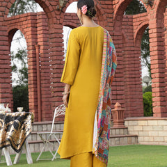 Stylum Women's Mustard Solid Cotton A-Line Kurta Palazzo Dupatta Set (KPDMUSTARDCROMA)