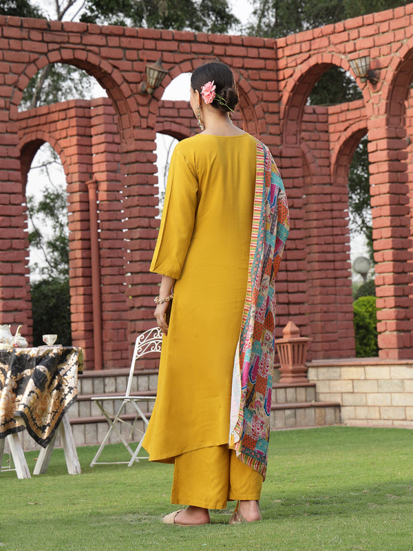 Stylum Women's Mustard Solid Cotton A-Line Kurta Palazzo Dupatta Set (KPDMUSTARDCROMA)