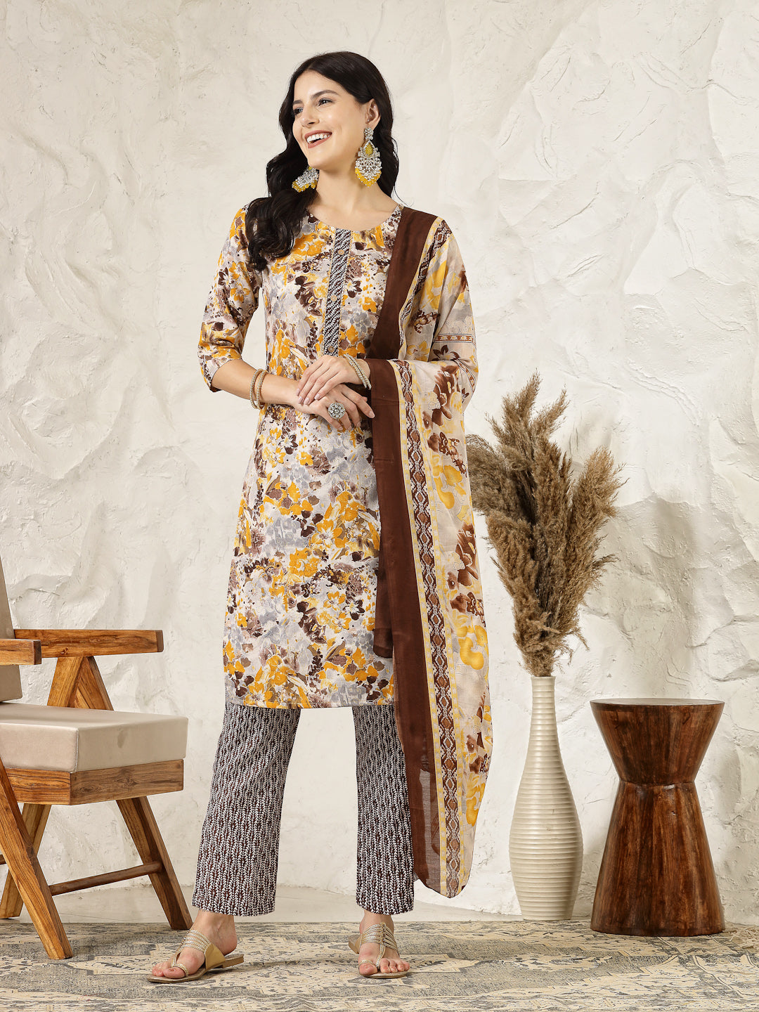 Stylum Women's Floral Printed Cotton Blend Straight Kurta Pant Dupatta Set (KPDMUSTARDDHOOM)