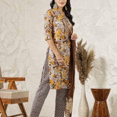 Stylum Women's Floral Printed Cotton Blend Straight Kurta Pant Dupatta Set (KPDMUSTARDDHOOM)