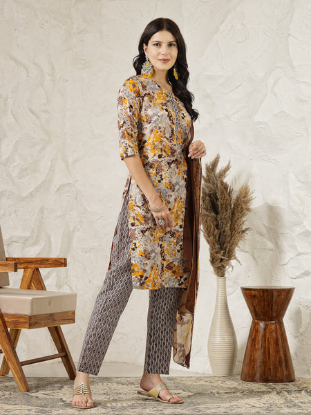 Stylum Women's Floral Printed Cotton Blend Straight Kurta Pant Dupatta Set (KPDMUSTARDDHOOM)