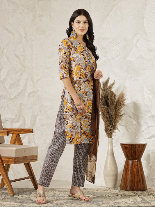 Stylum Women's Floral Printed Cotton Blend Straight Kurta Pant Dupatta Set (KPDMUSTARDDHOOM)