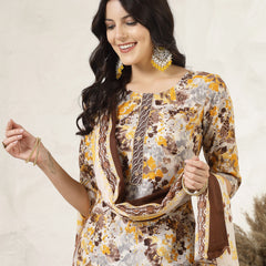 Stylum Women's Floral Printed Cotton Blend Straight Kurta Pant Dupatta Set (KPDMUSTARDDHOOM)