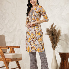 Stylum Women's Floral Printed Cotton Blend Straight Kurta Pant Dupatta Set (KPDMUSTARDDHOOM)