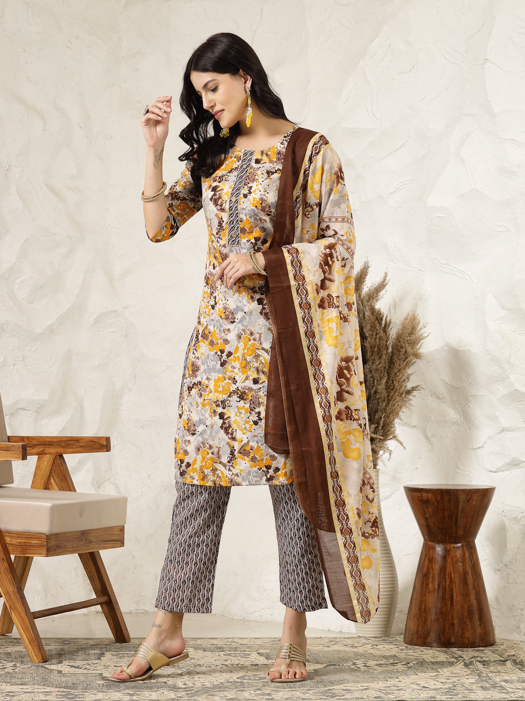 Stylum Women's Floral Printed Cotton Blend Straight Kurta Pant Dupatta Set (KPDMUSTARDDHOOM)