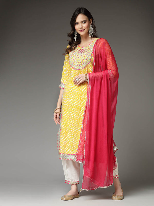 Stylum Women's Lehariya Printed & Embroidered Rayon Straight Kurta Pant Dupatta Set (KPDMUSTARDFLAME)