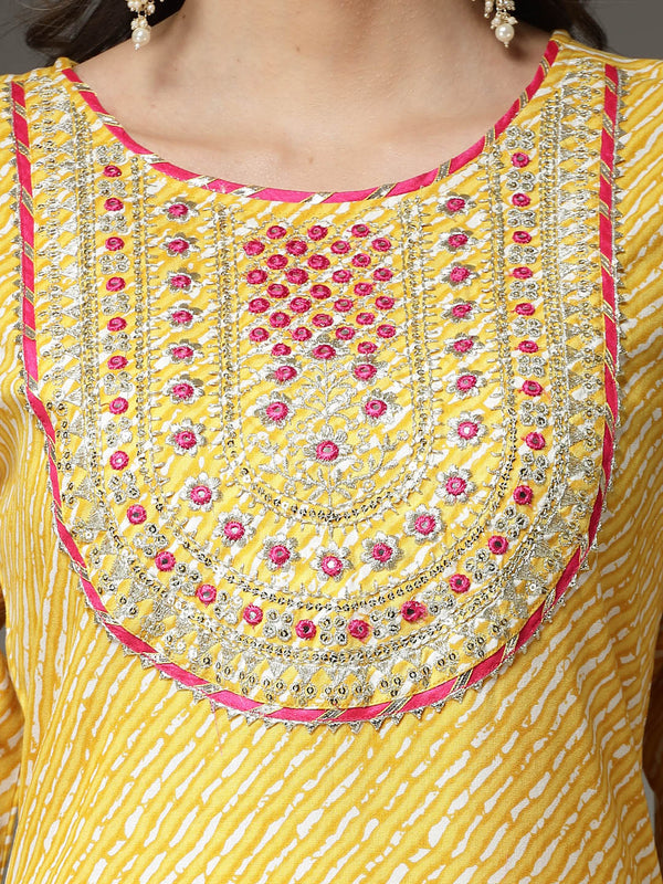 Stylum Women's Lehariya Printed & Embroidered Rayon Straight Kurta Pant Dupatta Set (KPDMUSTARDFLAME)