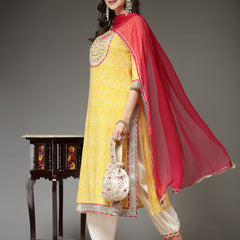 Stylum Women's Lehariya Printed & Embroidered Rayon Straight Kurta Pant Dupatta Set (KPDMUSTARDFLAME)
