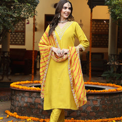 Stylum Women's Mustard Lehariya Solid & Embroidered Muslin Straight Kurta Pant Dupatta Set (KPDMUSTARDKASTURI)