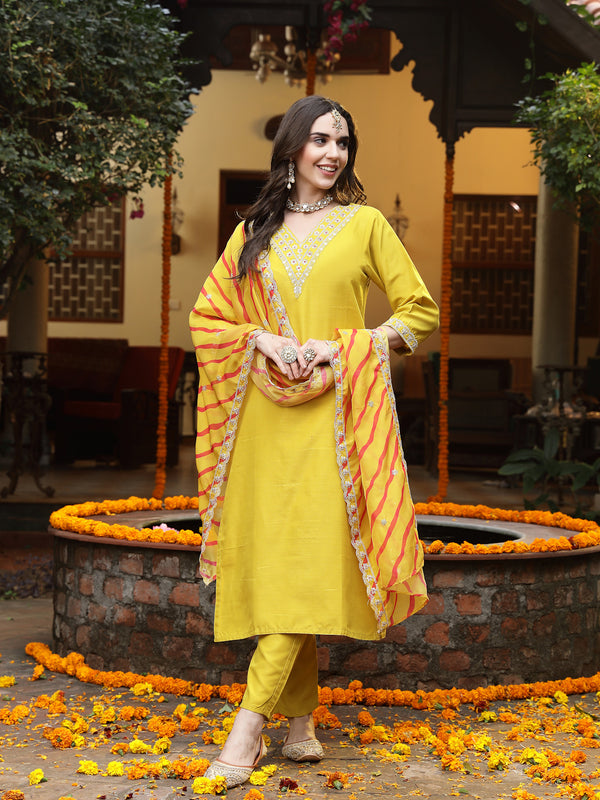 Stylum Women's Mustard Lehariya Solid & Embroidered Muslin Straight Kurta Pant Dupatta Set (KPDMUSTARDKASTURI)