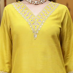 Stylum Women's Mustard Lehariya Solid & Embroidered Muslin Straight Kurta Pant Dupatta Set (KPDMUSTARDKASTURI)