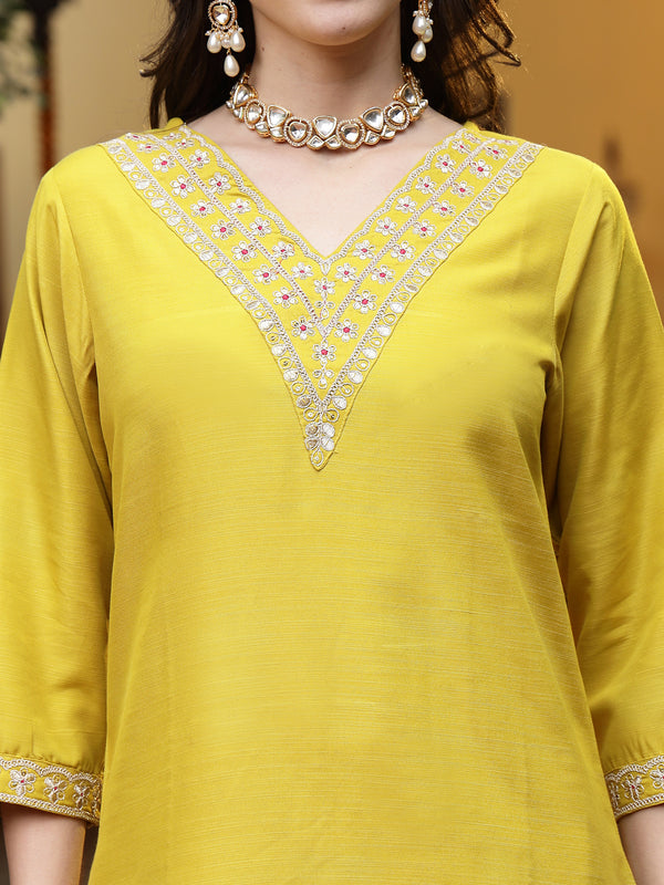 Stylum Women's Mustard Lehariya Solid & Embroidered Muslin Straight Kurta Pant Dupatta Set (KPDMUSTARDKASTURI)