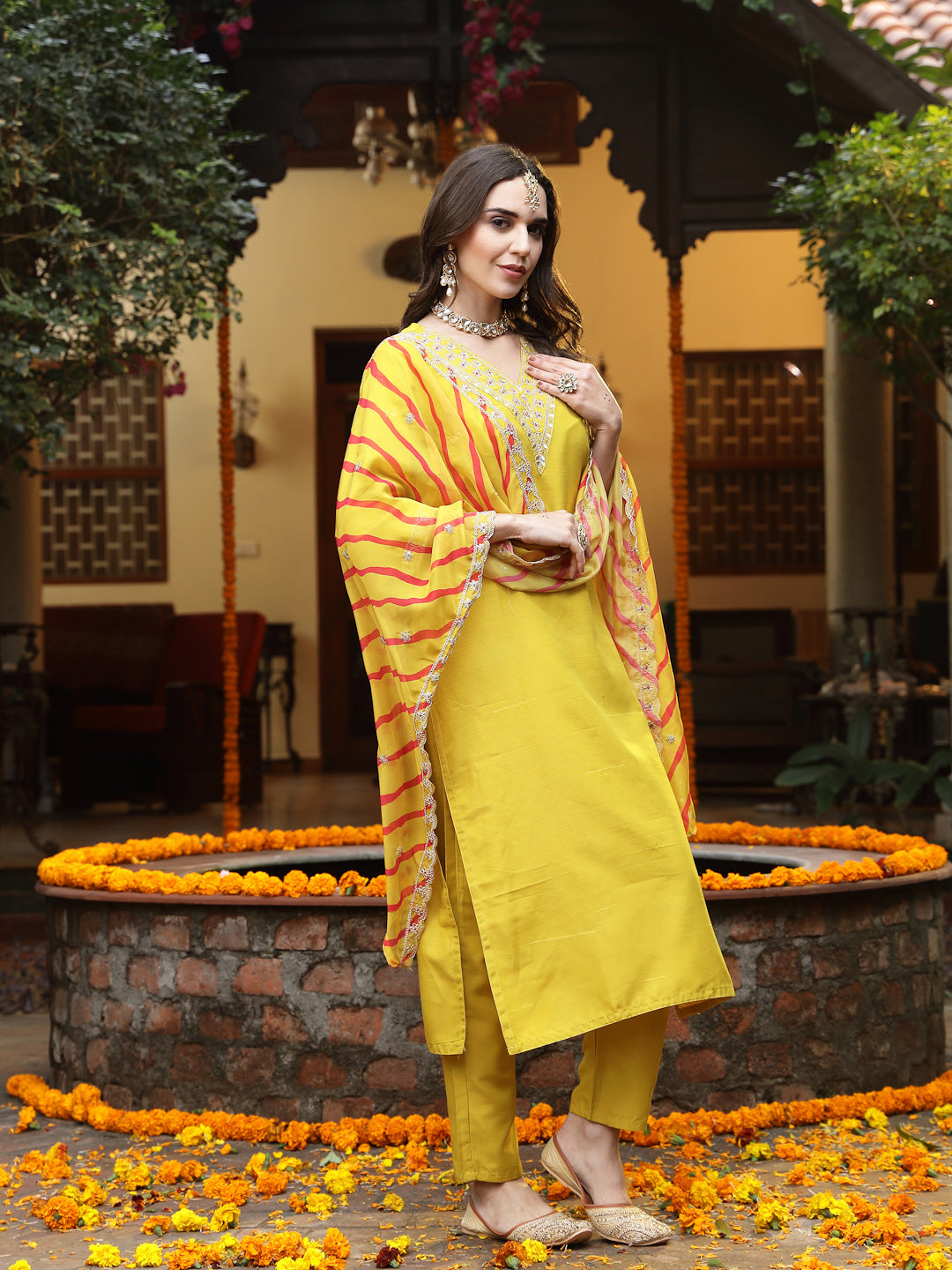 Stylum Women's Mustard Lehariya Solid & Embroidered Muslin Straight Kurta Pant Dupatta Set (KPDMUSTARDKASTURI)