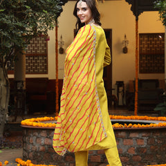 Stylum Women's Mustard Lehariya Solid & Embroidered Muslin Straight Kurta Pant Dupatta Set (KPDMUSTARDKASTURI)