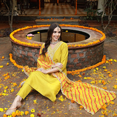 Stylum Women's Mustard Lehariya Solid & Embroidered Muslin Straight Kurta Pant Dupatta Set (KPDMUSTARDKASTURI)