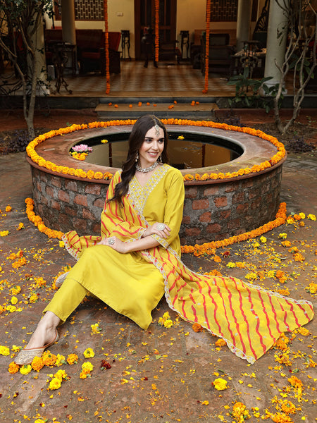 Stylum Women's Mustard Lehariya Solid & Embroidered Muslin Straight Kurta Pant Dupatta Set (KPDMUSTARDKASTURI)
