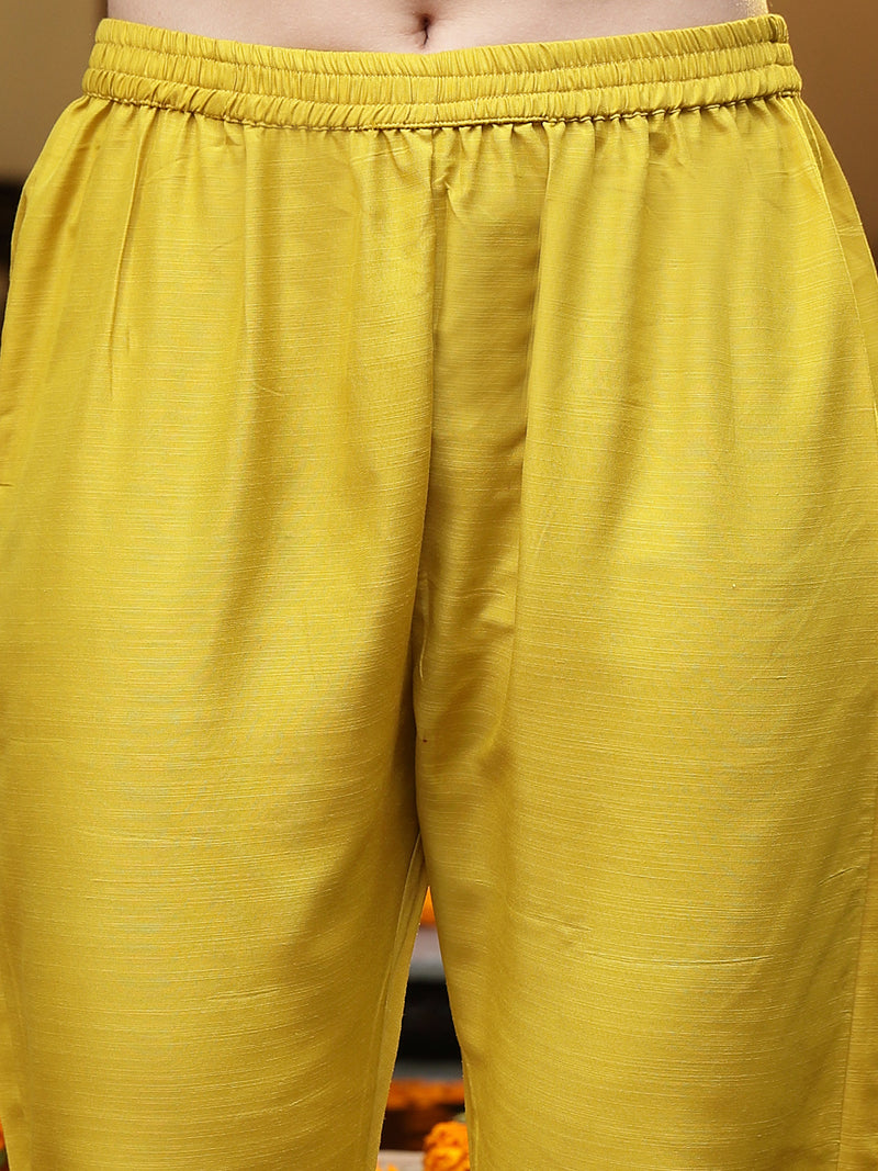 Stylum Women's Mustard Lehariya Solid & Embroidered Muslin Straight Kurta Pant Dupatta Set (KPDMUSTARDKASTURI)