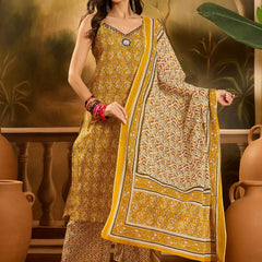 Stylum Women's Mustard Ethnic Motif Printed Cotton Straight Kurta Palazzo Dupatta Set (KPDMUSTARDMUMBA)