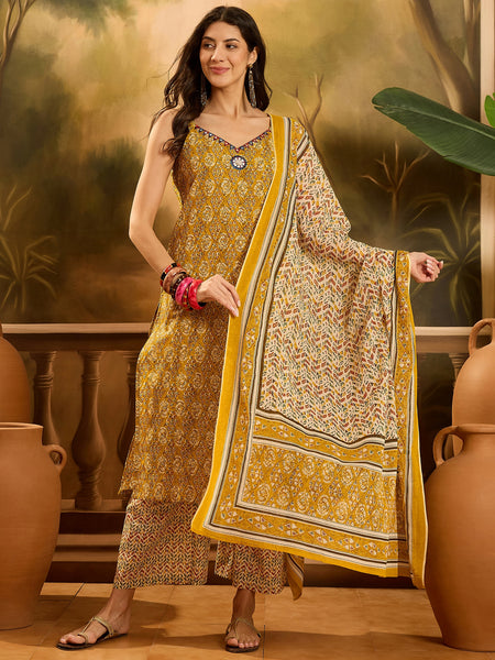 Stylum Women's Mustard Ethnic Motif Printed Cotton Straight Kurta Palazzo Dupatta Set (KPDMUSTARDMUMBA)