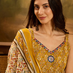 Stylum Women's Mustard Ethnic Motif Printed Cotton Straight Kurta Palazzo Dupatta Set (KPDMUSTARDMUMBA)