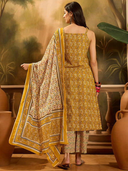 Stylum Women's Mustard Ethnic Motif Printed Cotton Straight Kurta Palazzo Dupatta Set (KPDMUSTARDMUMBA)