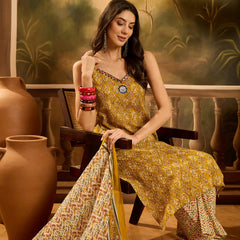 Stylum Women's Mustard Ethnic Motif Printed Cotton Straight Kurta Palazzo Dupatta Set (KPDMUSTARDMUMBA)